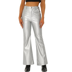 INSPIRE CHIC Women's High Waist Bottom Flared Faux Leather Pants With Pockets - 1 of 4