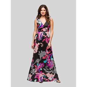 24seven Comfort Apparel Womens Black and Pink Print V Neck Empire Waist Sleeveless Maxi Dress - 1 of 4