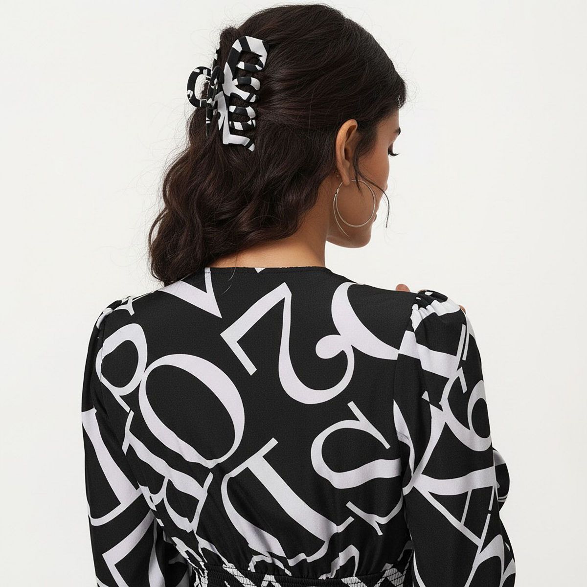 Anna-Kaci Women's Black and White Abstract Logo Print Long Sleeve Wrap Dress with Belt and Asymmetrical Hem - thumbnail 5