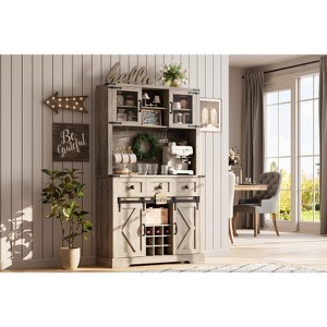 72'' Tall Kitchen Pantry Cabinet (Farmhouse) – Hutch, Sliding Barn Door, Drawers & Large Coffee Bar with Wine/Glasses Rack - 1 of 4