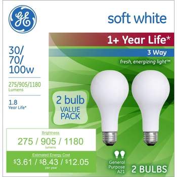 GE 2pk 30/70/100W 3 Way Long Life Incandescent Light Bulb White