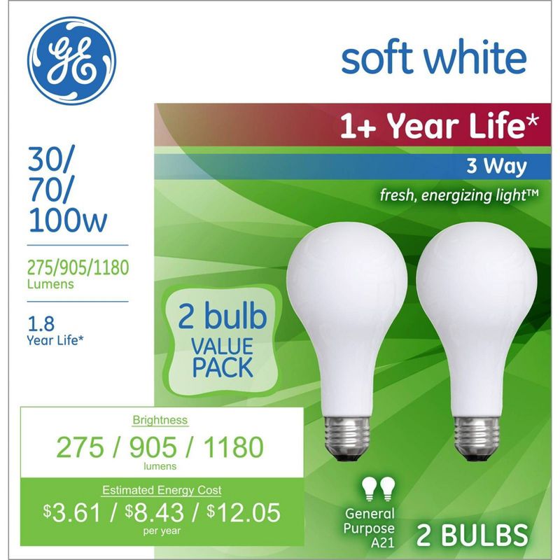 GE 2pk 30/70/100W 3 Way Long Life Incandescent Light Bulb White, 1 of 4