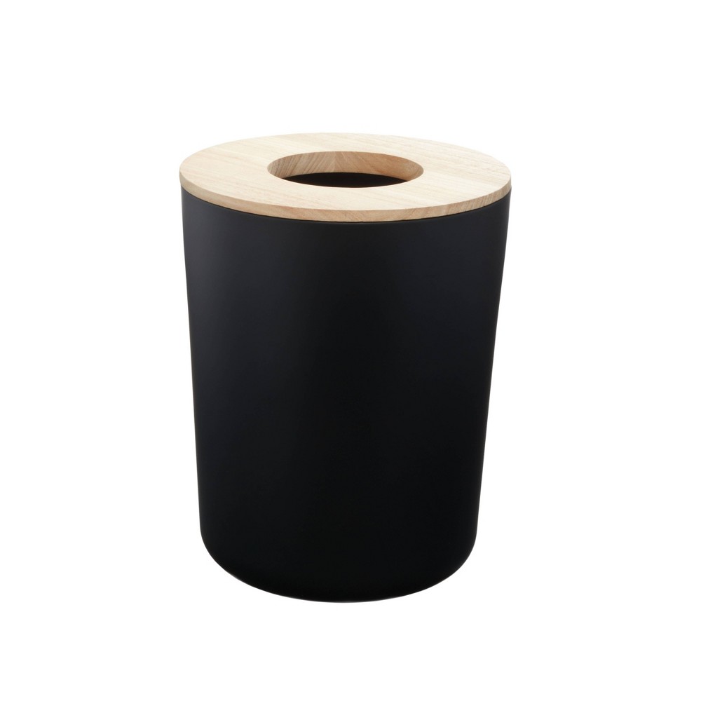 Photos - Other Decoration Interdesign iDESIGN Ceramic Earth Collection Steel Bathroom Wastebasket with Paulownia Wood Lid Matte Black/Natural Wood 