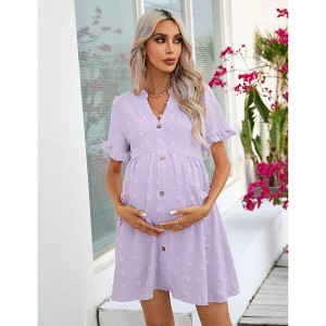 Womens Maternity Dress V Neck Lantern Sleeve Jacquard Dot Pocket Babydoll Baby Shower Dress - 1 of 4