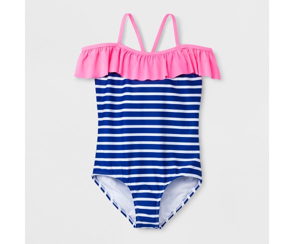 Freestyle Girls' Star Stripe Off Shoulder One Piece Swimsuit - Blue 7
