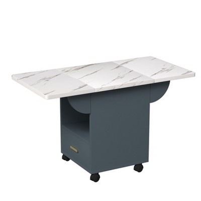 Vynxaria Folding Tables - 39.4" Marble-Textured Expandable Dining Table with Wheels and Storage