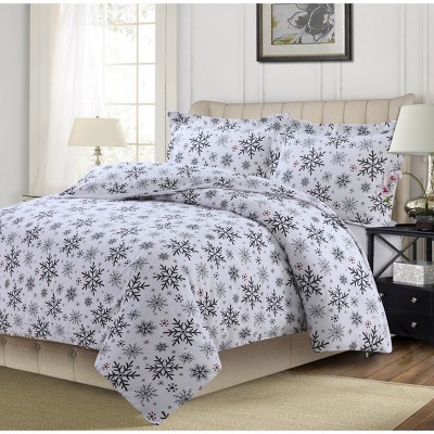 King 3pc Let it Snow Heavyweight Printed Cotton Flannel Oversized Duvet Set Dark Blue - Tribeca Living