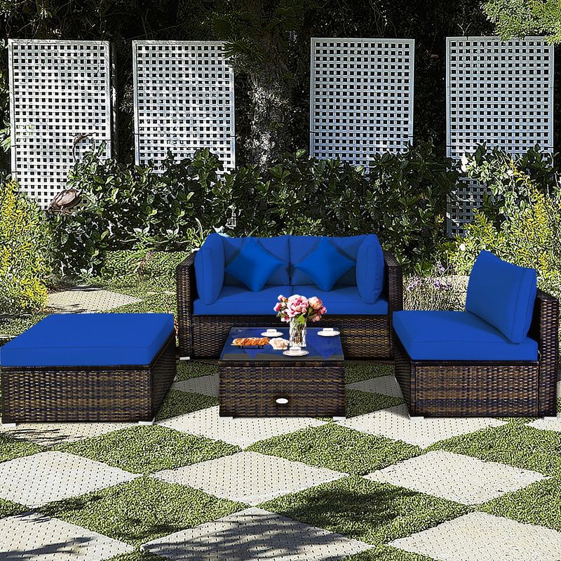 Costway 5PCS Outdoor Patio Rattan Furniture Set Sectional Conversation Turquoise\Navy\Black Cushion, 4 of 11