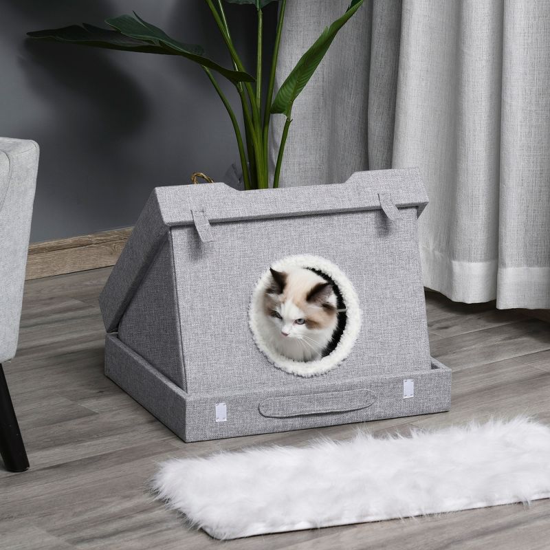 PawHut Cat House Foldable 2 In 1 Design Condo Pet Bed with Removable Washable Cushions Scratching Pad, Gray, 3 of 9