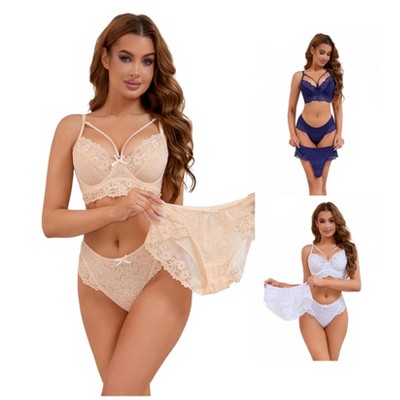INSPIRE CHIC Women's 3 Sets Cross Straps Full Coverage Bralette and Panty Mesh Floral Lace Underwear Set