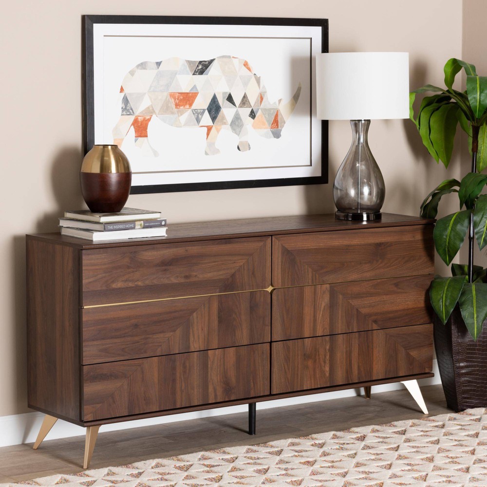 Photos - Dresser / Chests of Drawers Baxton Studio Graceland Wood 6 Drawer Dresser Walnut Brown/Gold