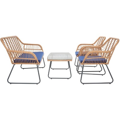 Natural Rattan 4-Piece Patio Set with Navy Cushions