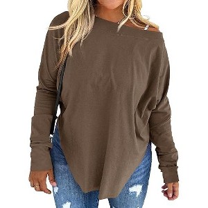 Imily Bela Women's Plus Size Off-Shoulder Long Sleeve Casual T-Shirt with Curved Hem - 1 of 4
