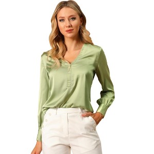Allegra K Women's Elegant Satin Long Sleeve Office Work Blouses - 1 of 4