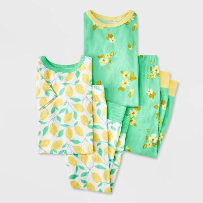 Toddler Girls' 4pc Floral and Lemons Ribbed Pajama Set - Cat & Jack™ Green 3T: Crew Neck, Botanical Pattern, Machine Washable