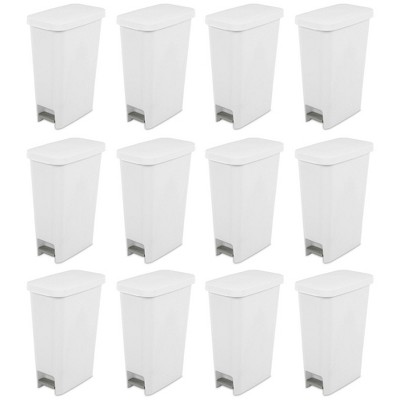 Sterilite 11 Gallon Slim Narrow StepOn Hands Free Portable Kitchen  Wastebasket Trash Can Garbage Bin Container with Oversized Lid, White (12  Pack)