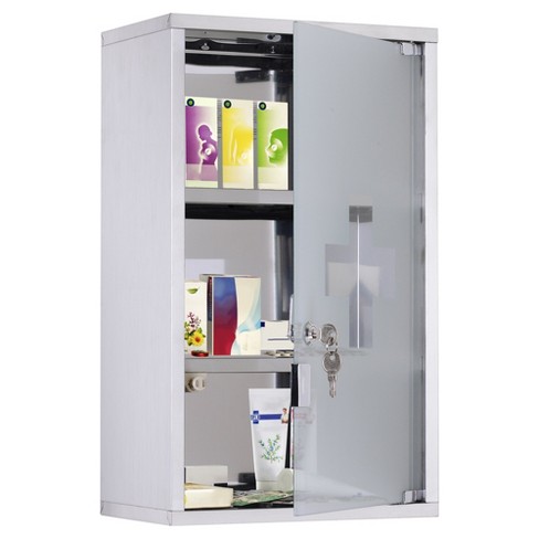 Wall Mounted Medicine Cabinet Organizer, Black Metal First Aid Supplies  Storage Box with Locking Frosted Glass Door
