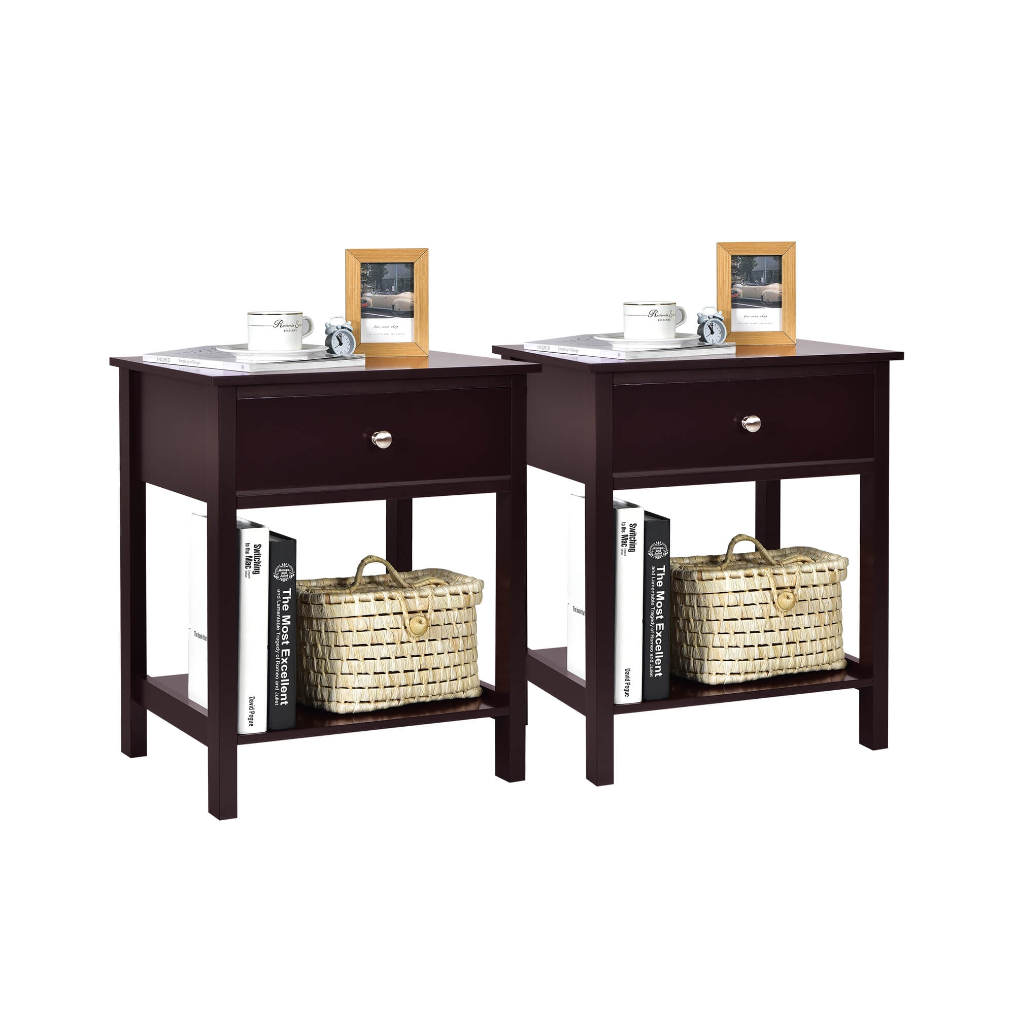 Costway 2PCS 2-Tier Nightstand Modern Side End Table w/ Drawer & Open Shelf Brown