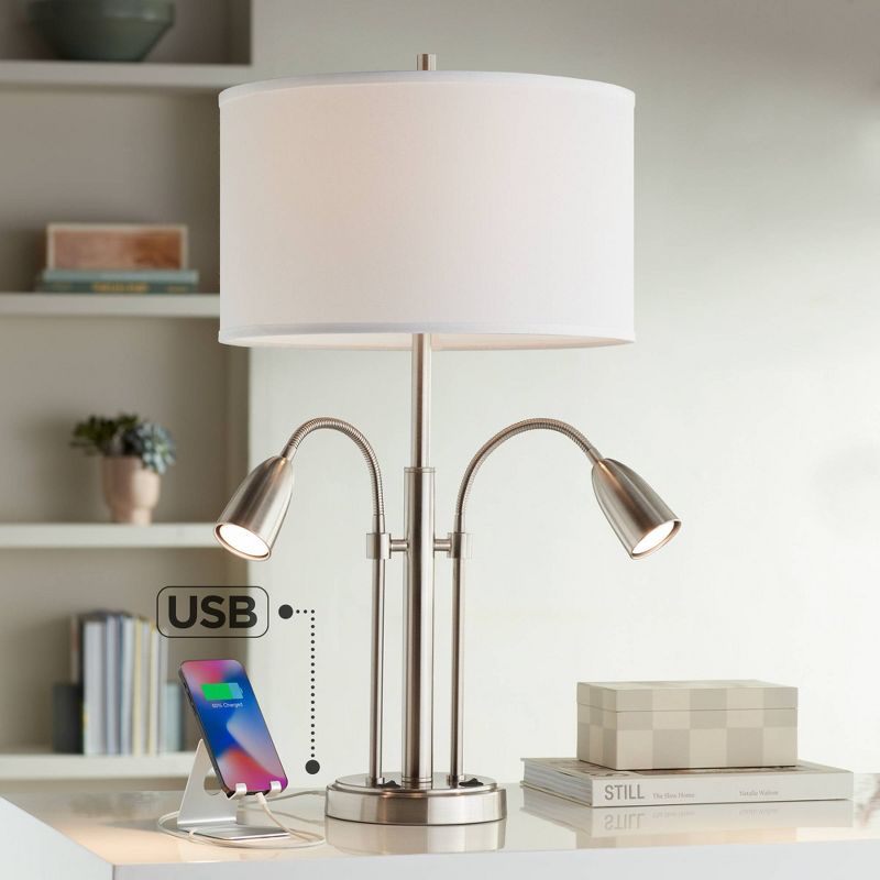 Possini Euro Design Wagner Modern Table Lamp 29 3/4" Tall Brushed Nickel with USB Charging Port and LED Gooseneck Lights White Shade for Living Room, 2 of 10