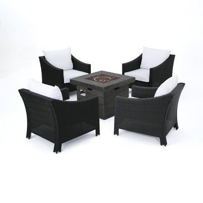 Christopher Knight Home Antibes Outdoor Wicker 5 Piece Club Chair and Fire Pit Set with Cushions, Black/White