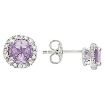 Amethyst and Diamond Stud Earrings in Sterling Silver - Purple