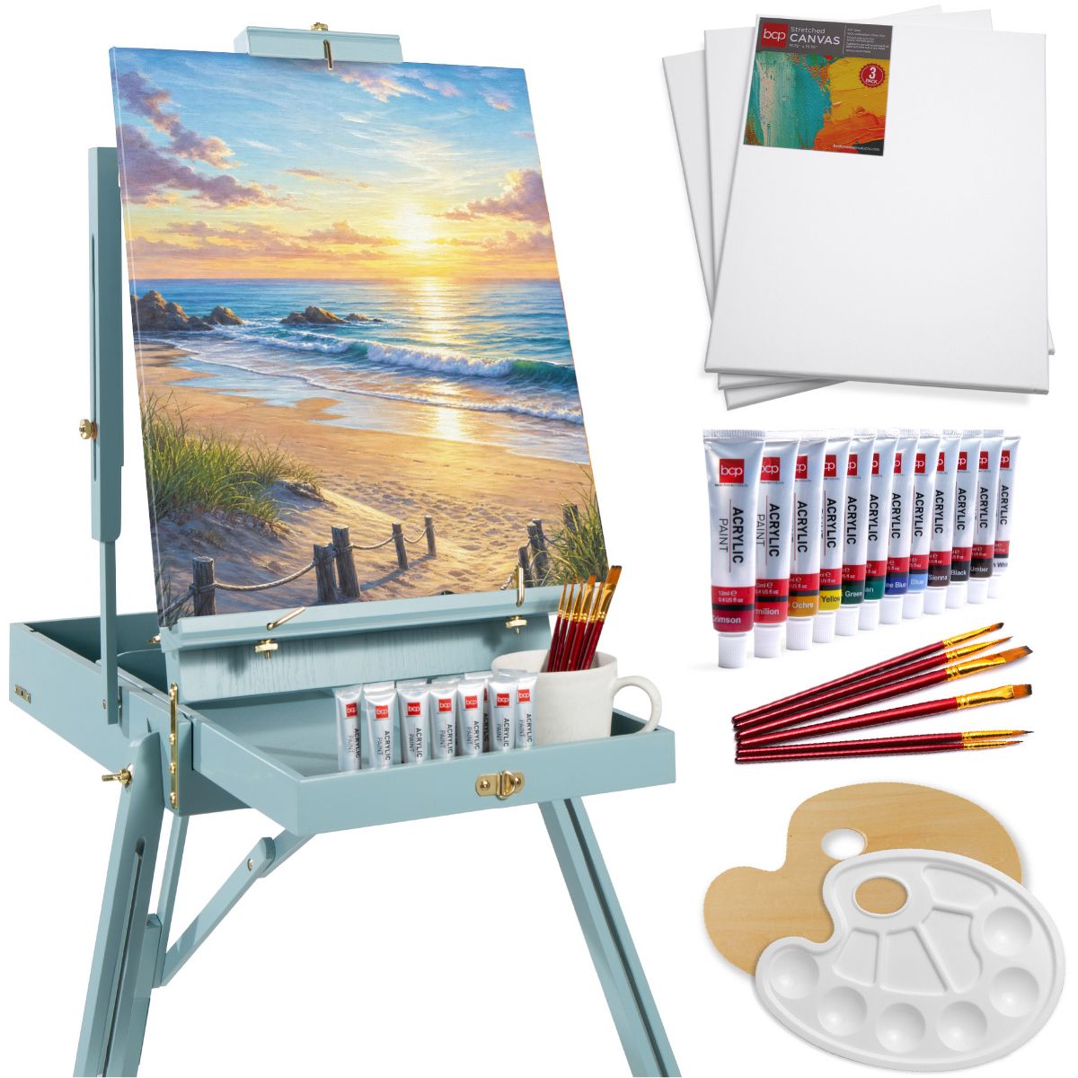 Best Choice Products Art Easel for Painting, Portable Adjustable Tripod with 32-Piece Art Set - Natural - thumbnail 8