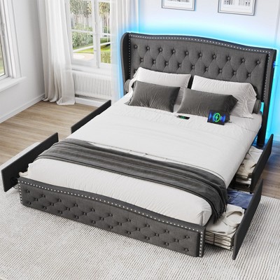 LED Bed Frame, Upholstered Platform Bed Frame with Wingback Headboard