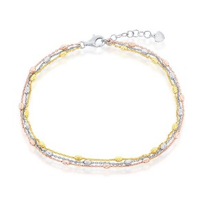 Bella Silver Sterling Silver Triple Strand Oval Diamond-Cut Beaded Anklet - Tri Color - Multi - 9+1 Inch - 1 of 3