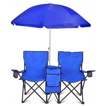 Costway Folding Camping Chair Loveseat Double Seat w/ Bags & Padded Backrest Blue