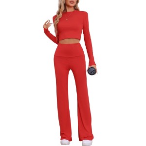 cheibear Women's Long Sleeve Crop Top with Foldover Flare Pants 2 Piece Pajama Set - 1 of 4