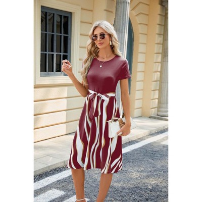 Women's Round Neck Short Sleeve Floral Print Dress Flowy Swing Skirt Casual Summer Sundress