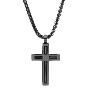 Steeltime 24" Men's black ip stainless steel spring inlay cross pendant - 1 of 4