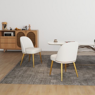 SKRAN Set of 2 PU Dining Chair, Lamb Wool fabric Armless Chair with Metal Leg, Suitable for Dining Room/Living Room/ Kitchen (White B-Gold legs)