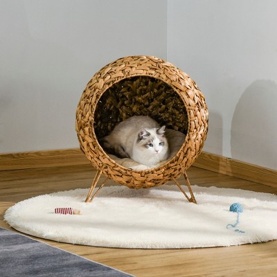 Small Round Beige Wicker Cat House with Cushion