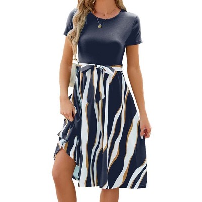 Women's Short Sleeve Round Neck A Line Dress Belted Fit and Flared Midi Summer Dresses Teacher Dress Irregular Stripes Dress