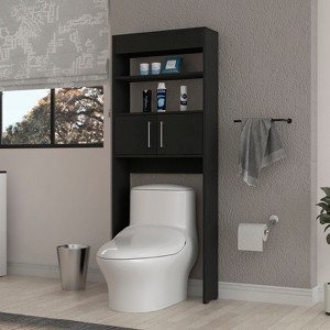 Modern Freestanding Over The Toilet Cabinet with Double Door & Shelves for Bathroom Storage, Easy To Assemble, Black 24,56''W X 8''D x 63''H - 1 of 4