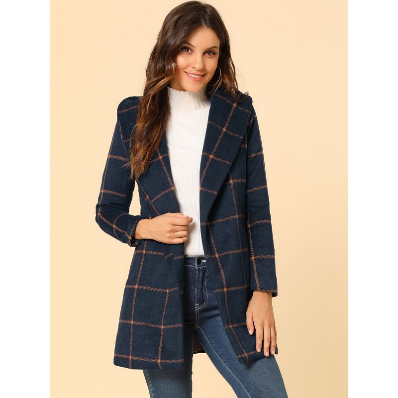 Allegra K Women's Shawl Collar Check Belted Wrap Plaid Coat with Pockets, 2 of 7