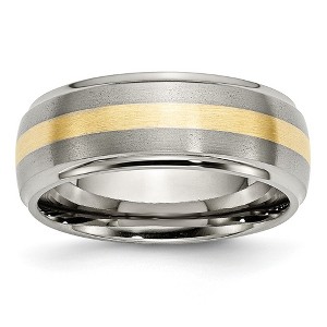 Black Bow Jewelry Mens 8mm Titanium & 14k Gold Inlay Domed Ridged Edge Standard Fit Band - 1 of 4