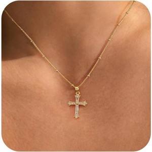 Dainty Gold Cross Necklace for Women, 14K Gold Plated Small Pendant Choker - 1 of 4