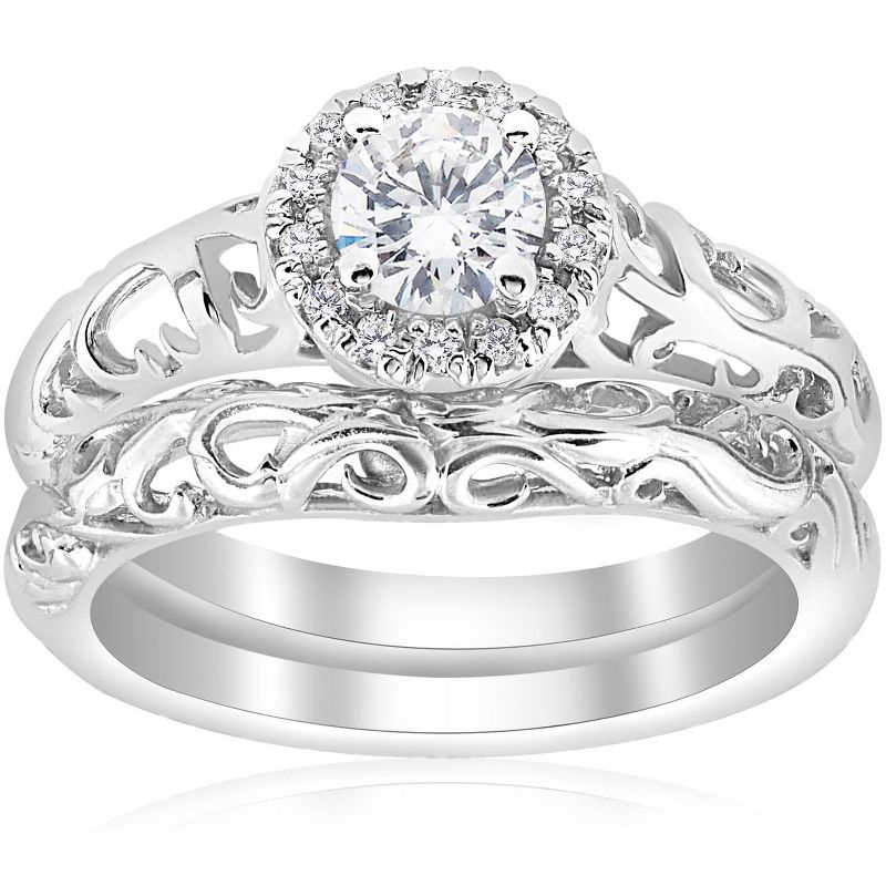 Pompeii3 5/8ct Round Diamond Vintage Engagement Wedding Ring Set 14K White Gold, 1 of 6