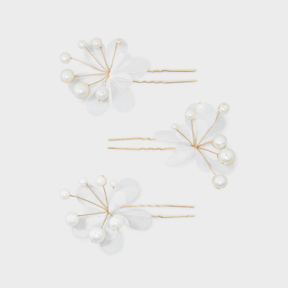 Pearls and Fabric Flower Hair Pin Set 3pc - Off-White