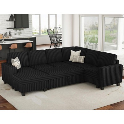 Belffin Corduroy Sleeper Sofa Bed with Storage Chaise Modular Sectional Sofa Couch with Pull Out Bed L Shaped Sectional Couches for Living Room