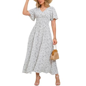Women's V-neck Ruffle Shortsleeve Waist Tie Floral Print Dress Maxi Dress - 1 of 4