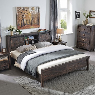 SinCiDo Farmhouse Bed Frame,w/Charging Station, Storage Bookcase Headboard,Sliding Barn Door,No Box Spring Needed, w/Wood Slats Support