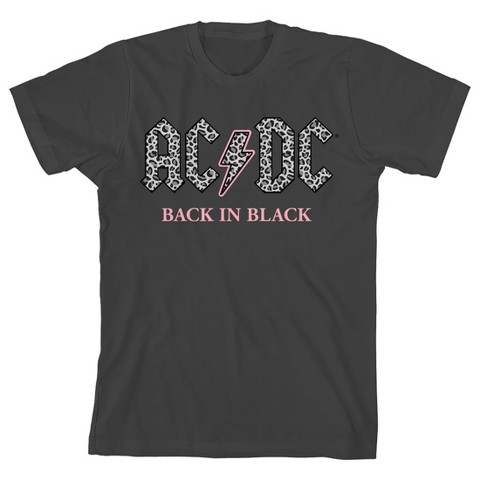 AC/DC Back In Black Gray Leopard Print Logo Crew Neck Short Sleeve Girl's Black T-shirt-Large