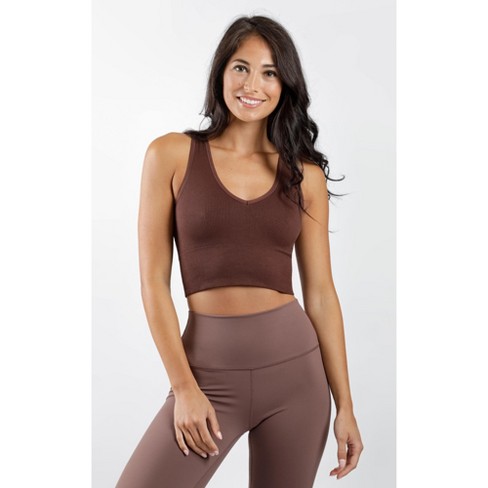 90 DEGREE BY REFLEX Women's SEAMLESS V-NECK CROP RIBBED TANK TOP Size XL  Brown