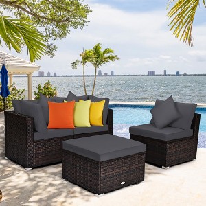 Costway 4PCS Patio Rattan Furniture Set Sofa Ottoman Cushion Garden Deck Grey - 1 of 4