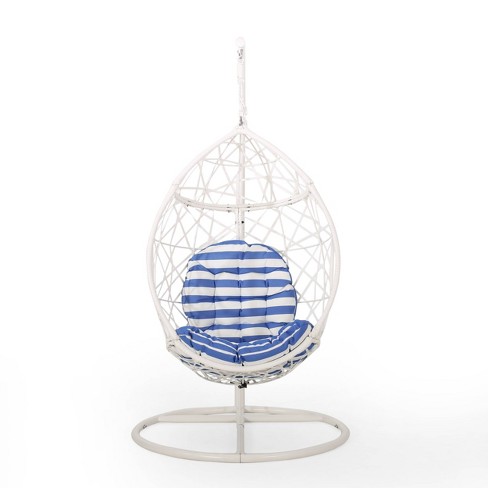 Cayuse Outdoor Wicker Tear Drop Hanging Chair White blue Christopher Knight Home Iron Frame Water resistant Target