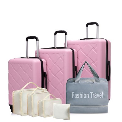 YONWAY 8 Piece Hardshell ABS Luggage Set, Checked Spinner Luggage Set (20in/24in/28in+Portable Handbag + 4 Pieces Storage Bag Set)