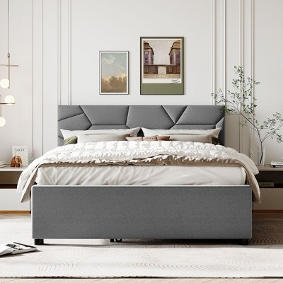 Okak Queen Elegant Platform Bed Frame with Upholstered and Brick Pattern Headboard Linen Fabric Bed with Twin Trundle No Springs Required, Gray